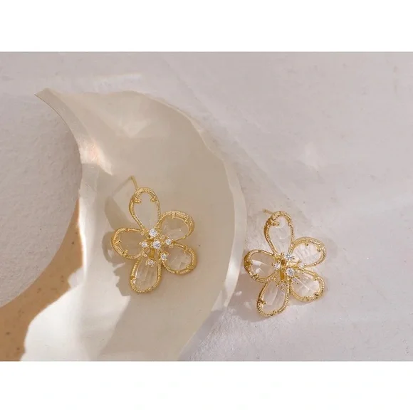 Gold Textured Flower Earrings with Crystals - Picture 3 of 4